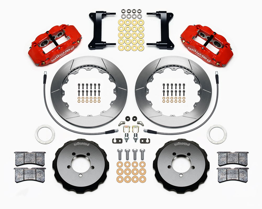 Wilwood Forged Narrow Superlite 6R Big Brake Front Brake Kit (Hat) Parts Laid Out - Red Powder Coat Caliper - GT Slotted Rotor