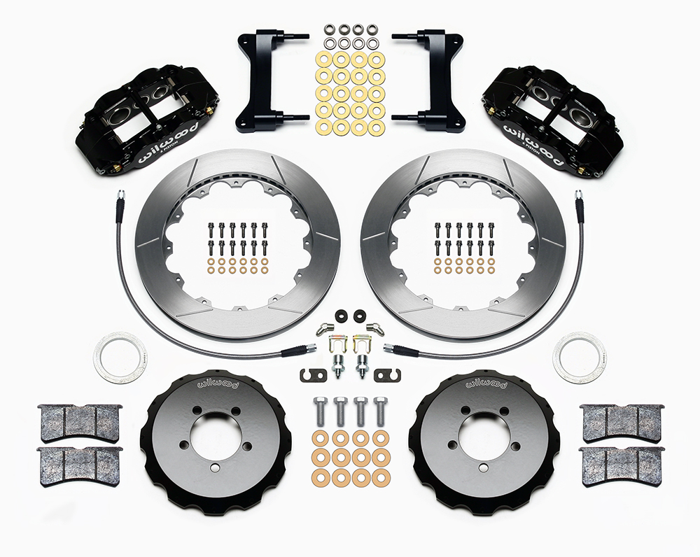 Wilwood Forged Narrow Superlite 6R Big Brake Front Brake Kit (Hat) Parts Laid Out - Black Powder Coat Caliper - GT Slotted Rotor