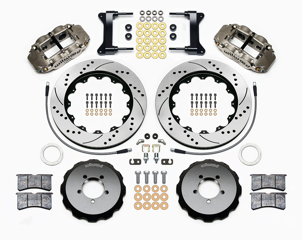 Wilwood Forged Narrow Superlite 6R Big Brake Front Brake Kit (Hat) Parts Laid Out - Nickel Plate Caliper - SRP Drilled & Slotted Rotor