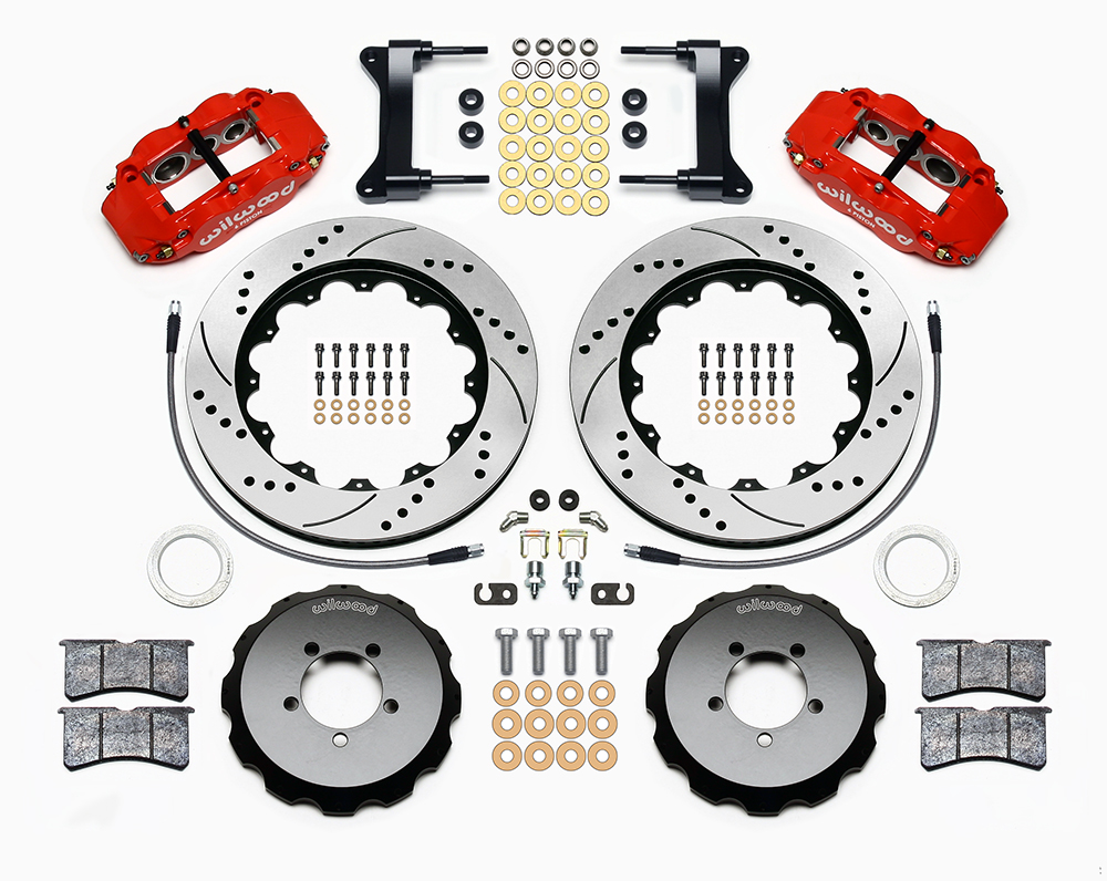 Wilwood Forged Narrow Superlite 6R Big Brake Front Brake Kit (Hat) Parts Laid Out - Red Powder Coat Caliper - SRP Drilled & Slotted Rotor