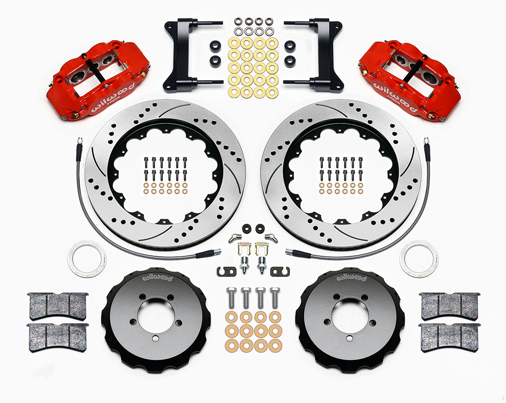 Wilwood Forged Narrow Superlite 6R Big Brake Front Brake Kit (Hat) Parts Laid Out - Red Powder Coat Caliper - SRP Drilled & Slotted Rotor