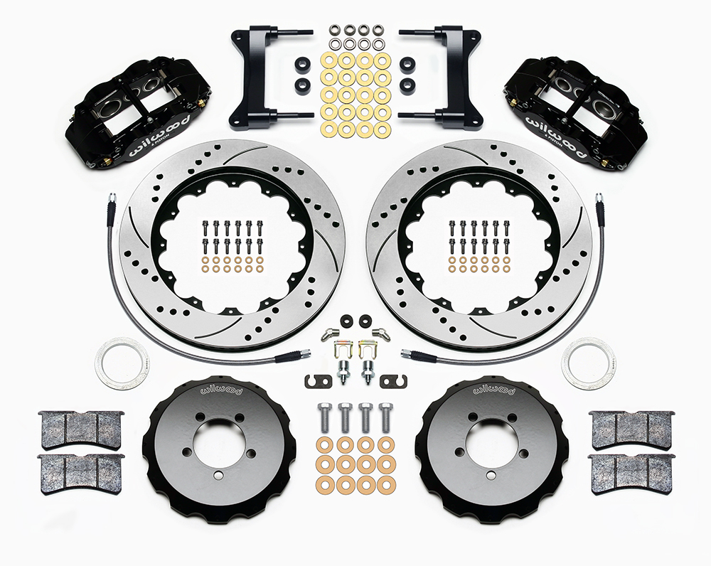 Wilwood Forged Narrow Superlite 6R Big Brake Front Brake Kit (Hat) Parts Laid Out - Black Powder Coat Caliper - SRP Drilled & Slotted Rotor