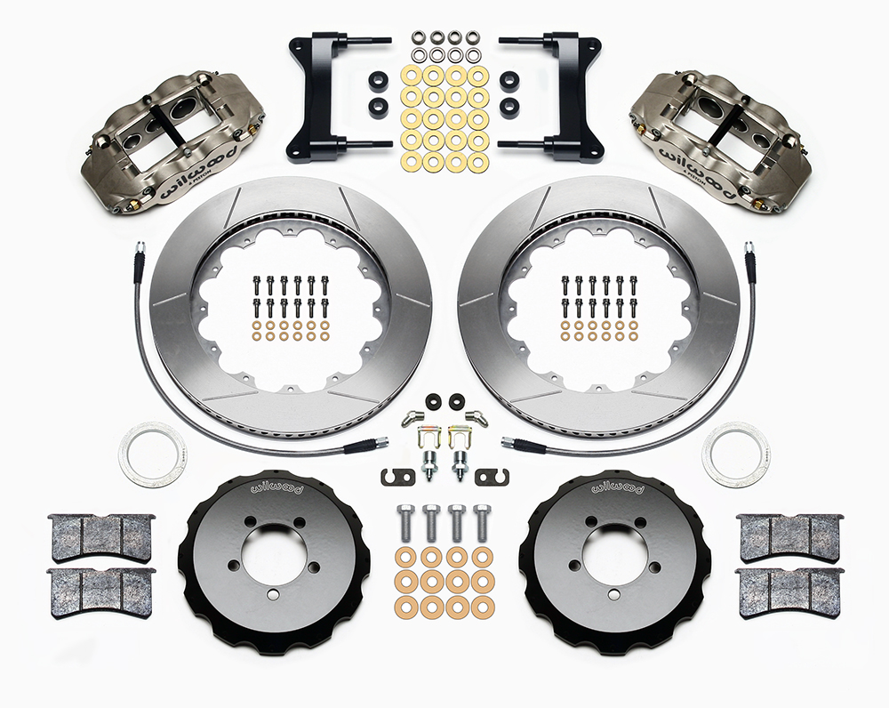 Wilwood Forged Narrow Superlite 6R Big Brake Front Brake Kit (Hat) Parts Laid Out - Nickel Plate Caliper - GT Slotted Rotor