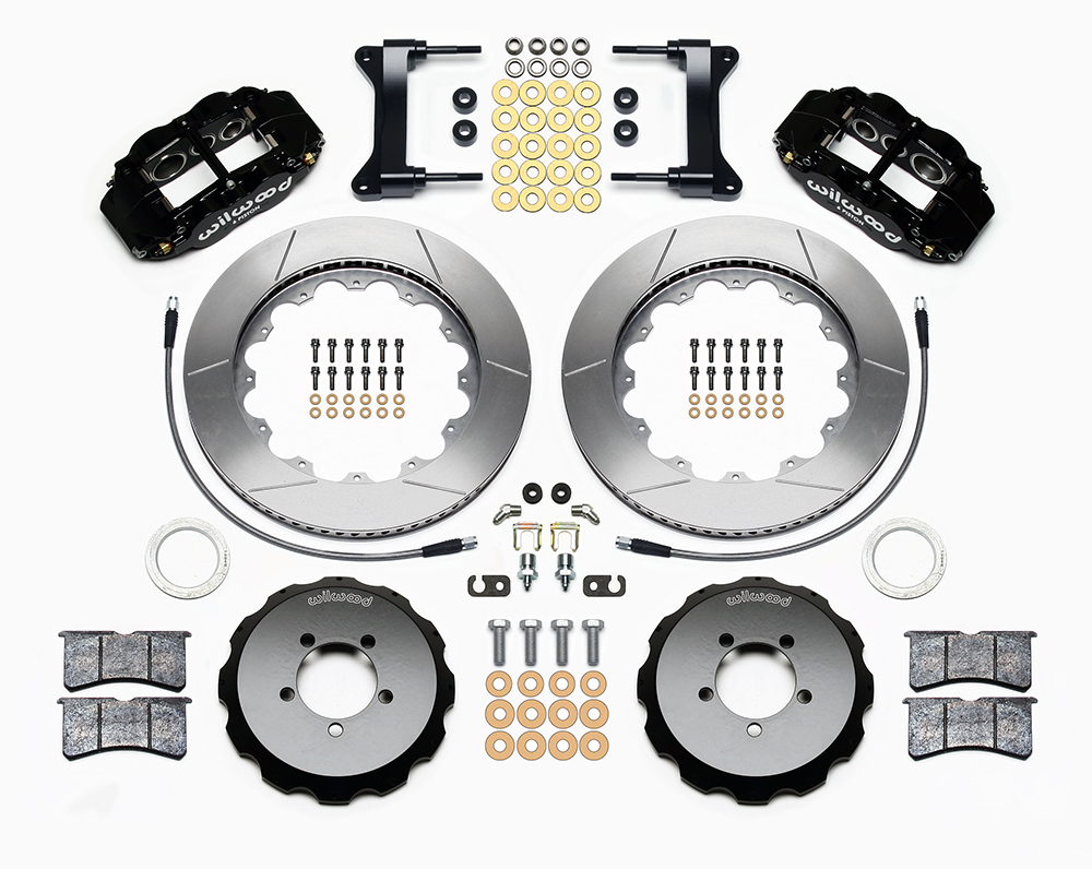 Wilwood Forged Narrow Superlite 6R Big Brake Front Brake Kit (Hat) Parts Laid Out - Black Powder Coat Caliper - GT Slotted Rotor