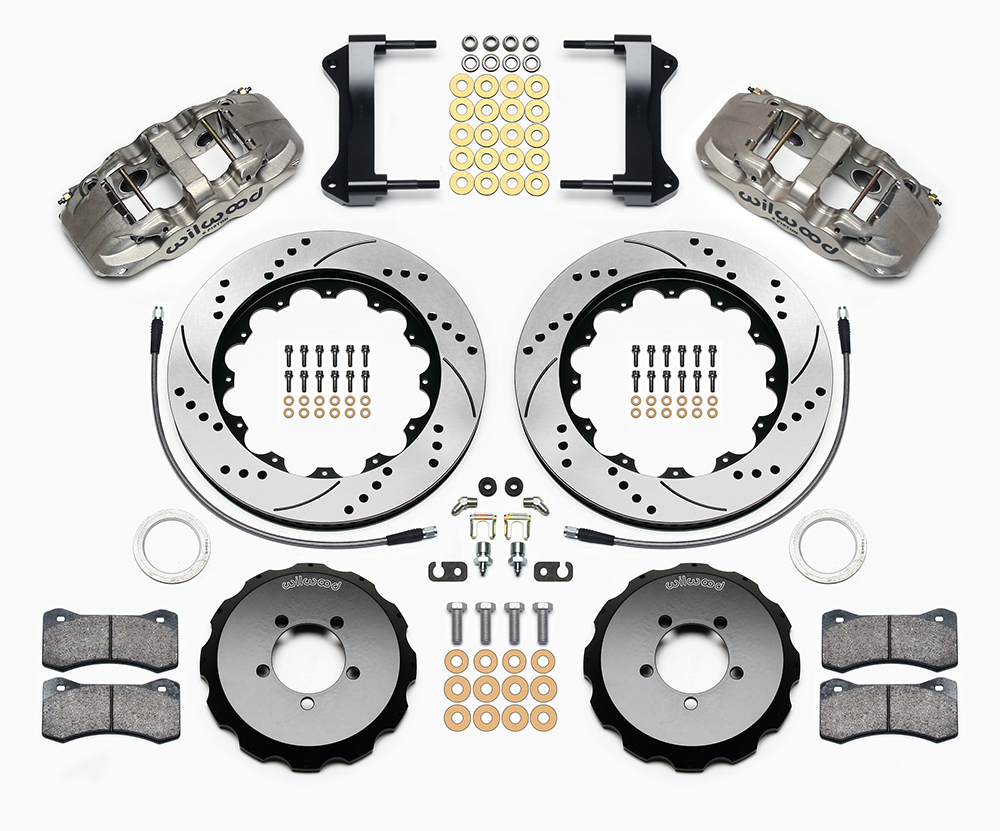 Wilwood AERO6 Big Brake Front Brake Kit Parts Laid Out - Nickel Plate Caliper - SRP Drilled & Slotted Rotor