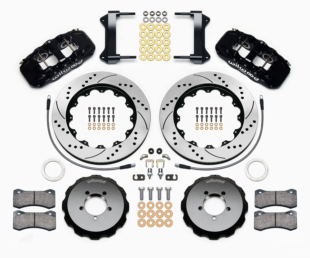 Wilwood AERO6 Big Brake Front Brake Kit Parts Laid Out - Black Powder Coat Caliper - SRP Drilled & Slotted Rotor