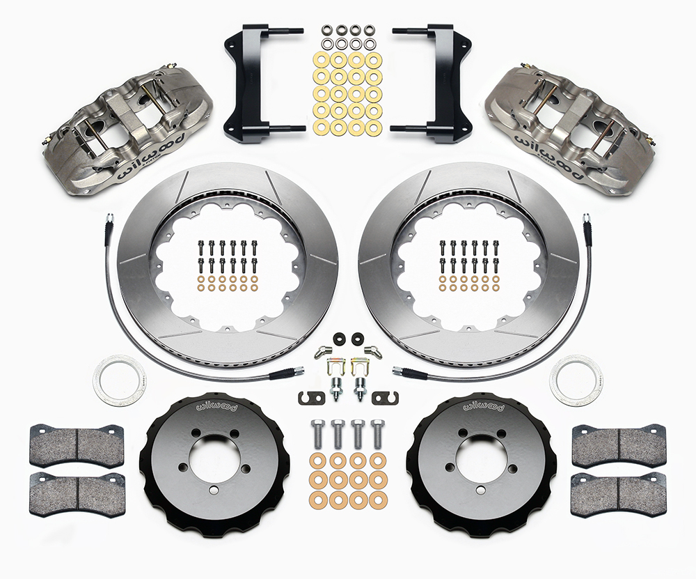 Wilwood AERO6 Big Brake Front Brake Kit Parts Laid Out - Nickel Plate Caliper - GT Slotted Rotor