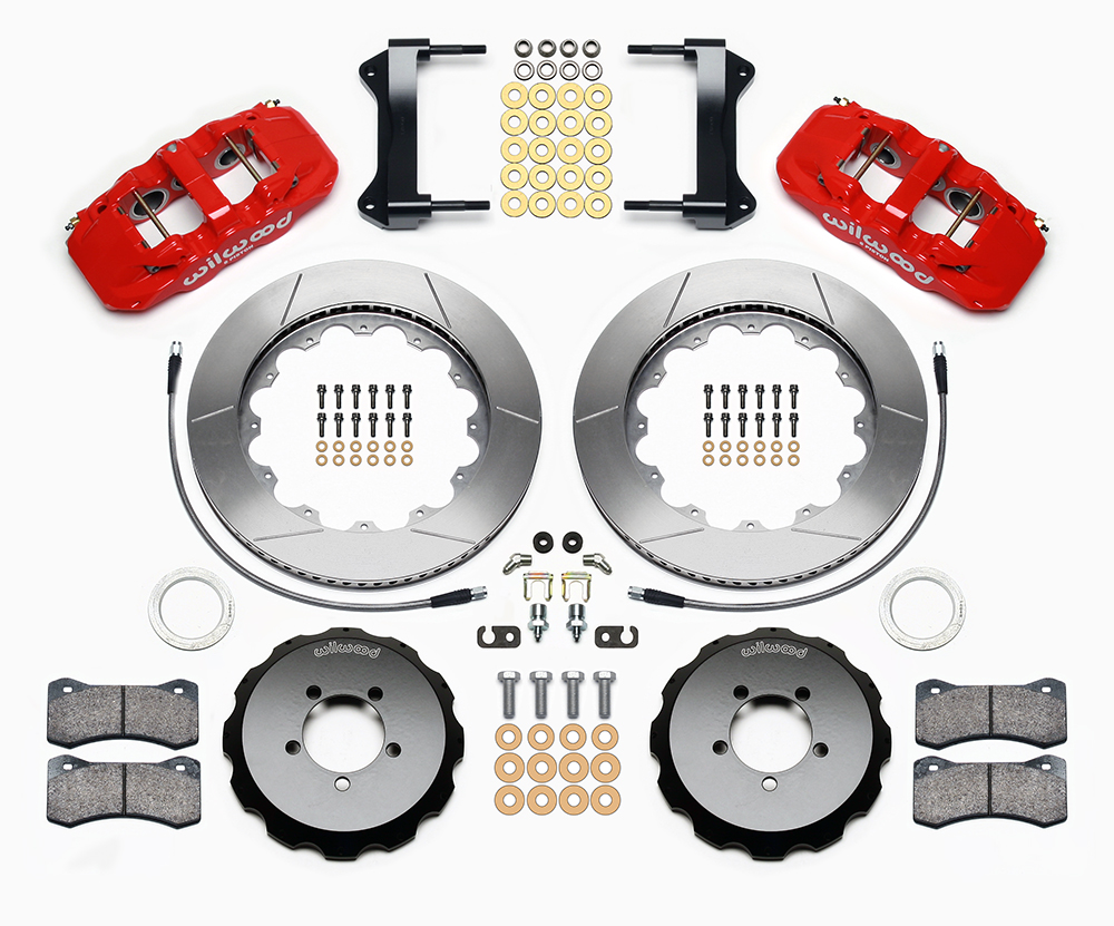 Wilwood AERO6 Big Brake Front Brake Kit Parts Laid Out - Red Powder Coat Caliper - GT Slotted Rotor