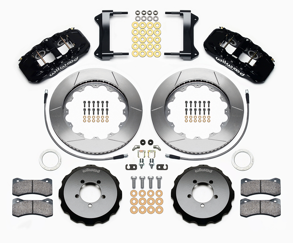 Wilwood AERO6 Big Brake Front Brake Kit Parts Laid Out - Black Powder Coat Caliper - GT Slotted Rotor