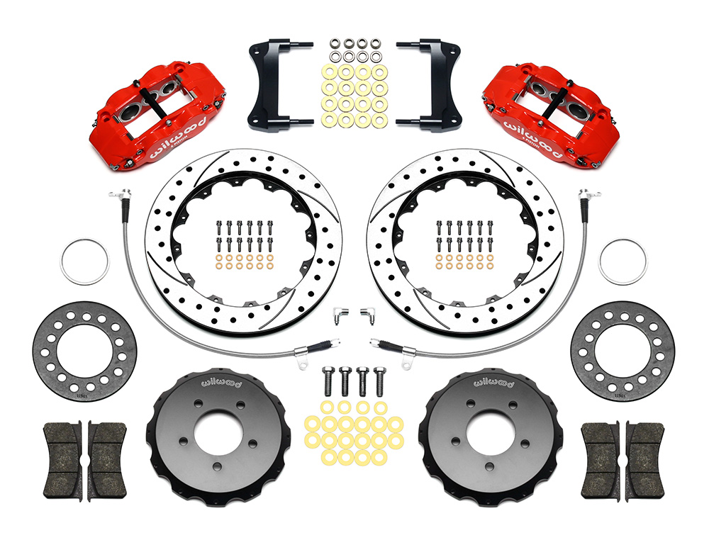 Wilwood Forged Narrow Superlite 6R Big Brake Front Brake Kit (Hat) Parts Laid Out - Red Powder Coat Caliper - SRP Drilled & Slotted Rotor