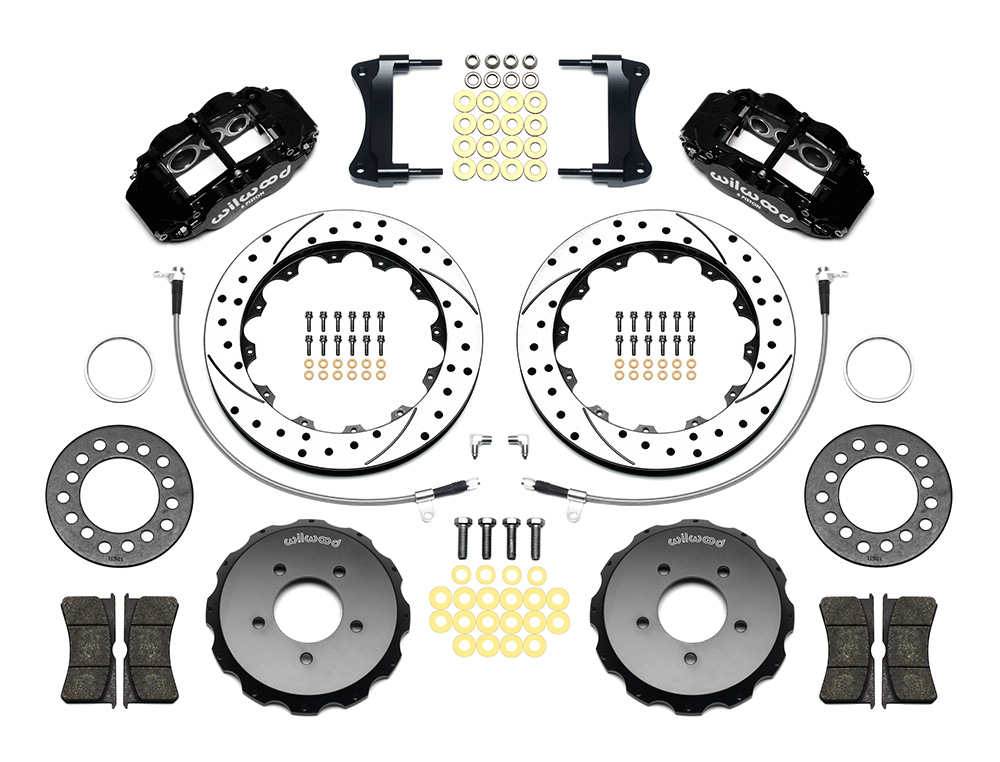 Wilwood Forged Narrow Superlite 6R Big Brake Front Brake Kit (Hat) Parts Laid Out - Black Powder Coat Caliper - SRP Drilled & Slotted Rotor