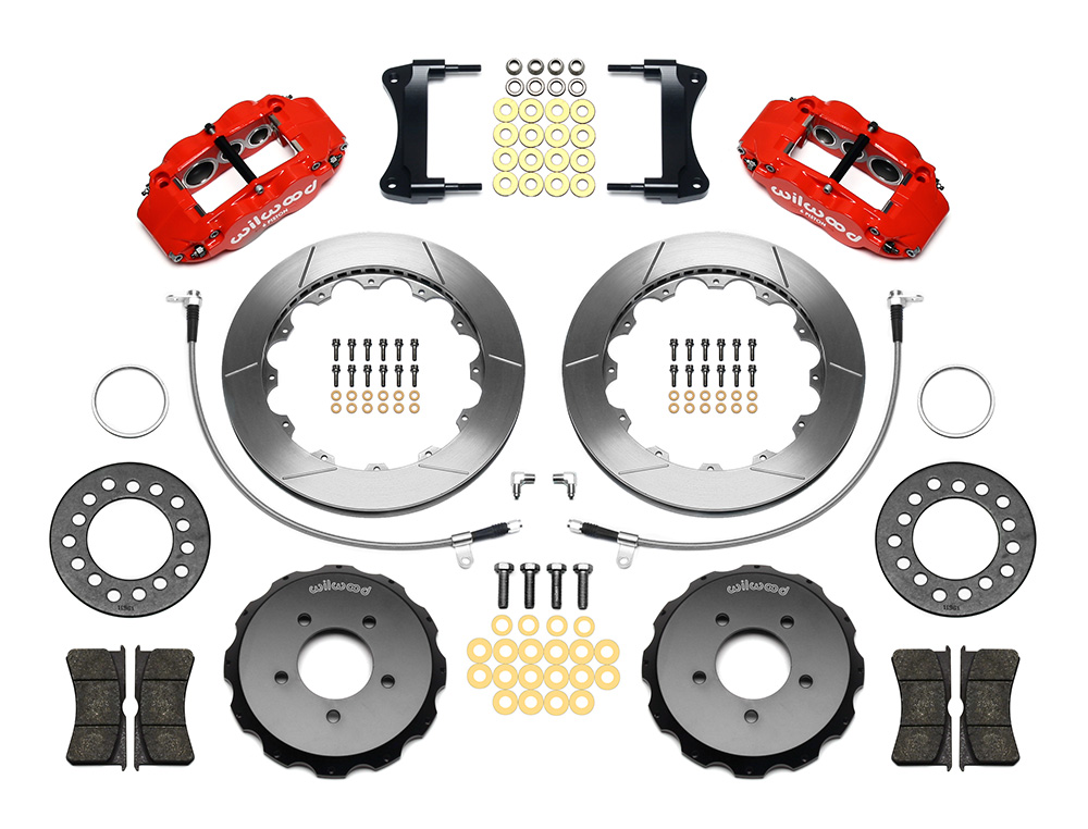 Wilwood Forged Narrow Superlite 6R Big Brake Front Brake Kit (Hat) Parts Laid Out - Red Powder Coat Caliper - GT Slotted Rotor