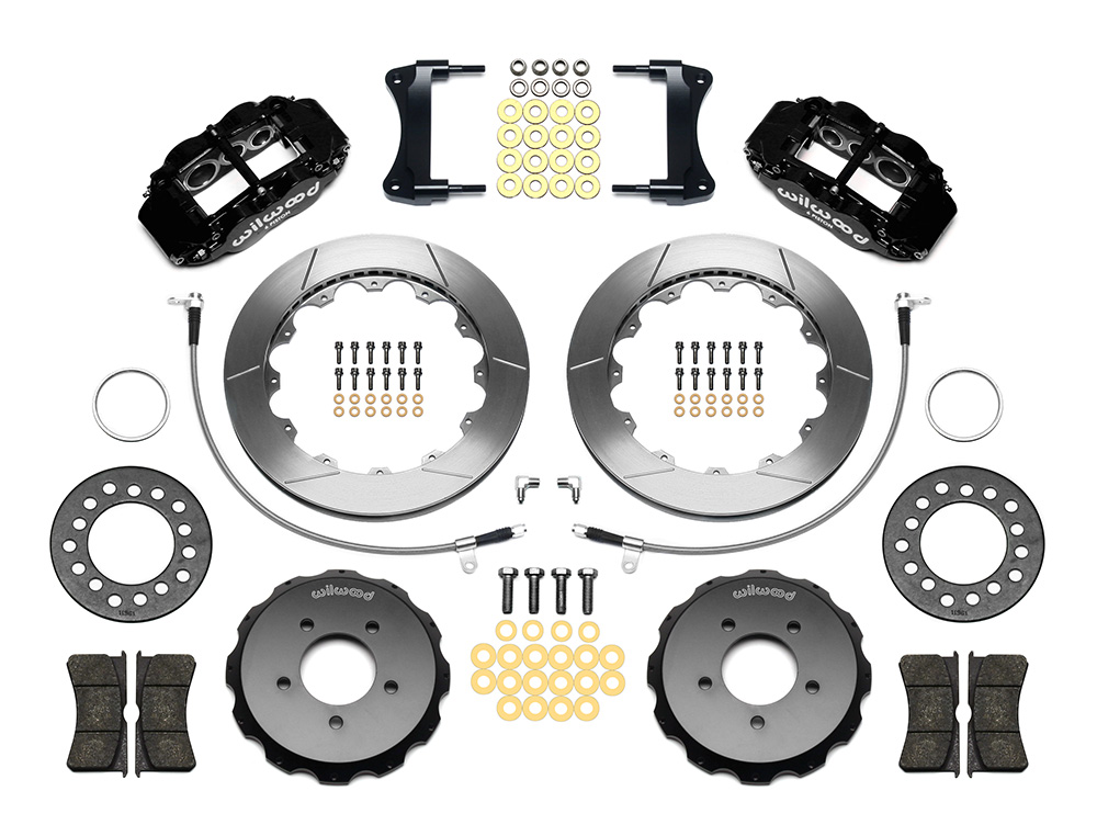 Wilwood Forged Narrow Superlite 6R Big Brake Front Brake Kit (Hat) Parts Laid Out - Black Powder Coat Caliper - GT Slotted Rotor