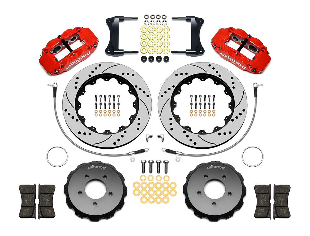 Wilwood Forged Narrow Superlite 6R Big Brake Front Brake Kit (Hat) Parts Laid Out - Red Powder Coat Caliper - SRP Drilled & Slotted Rotor