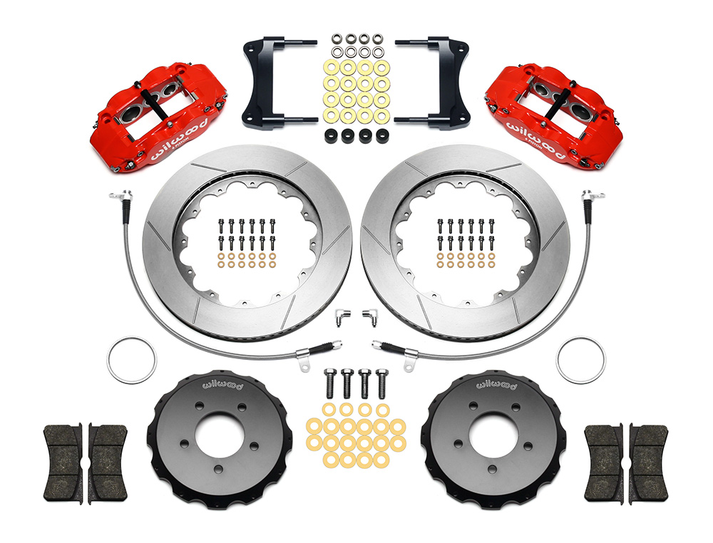 Wilwood Forged Narrow Superlite 6R Big Brake Front Brake Kit (Hat) Parts Laid Out - Red Powder Coat Caliper - GT Slotted Rotor