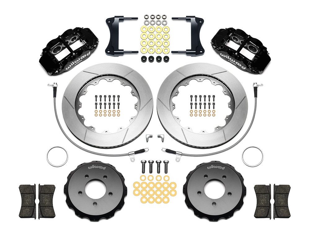 Wilwood Forged Narrow Superlite 6R Big Brake Front Brake Kit (Hat) Parts Laid Out - Black Powder Coat Caliper - GT Slotted Rotor