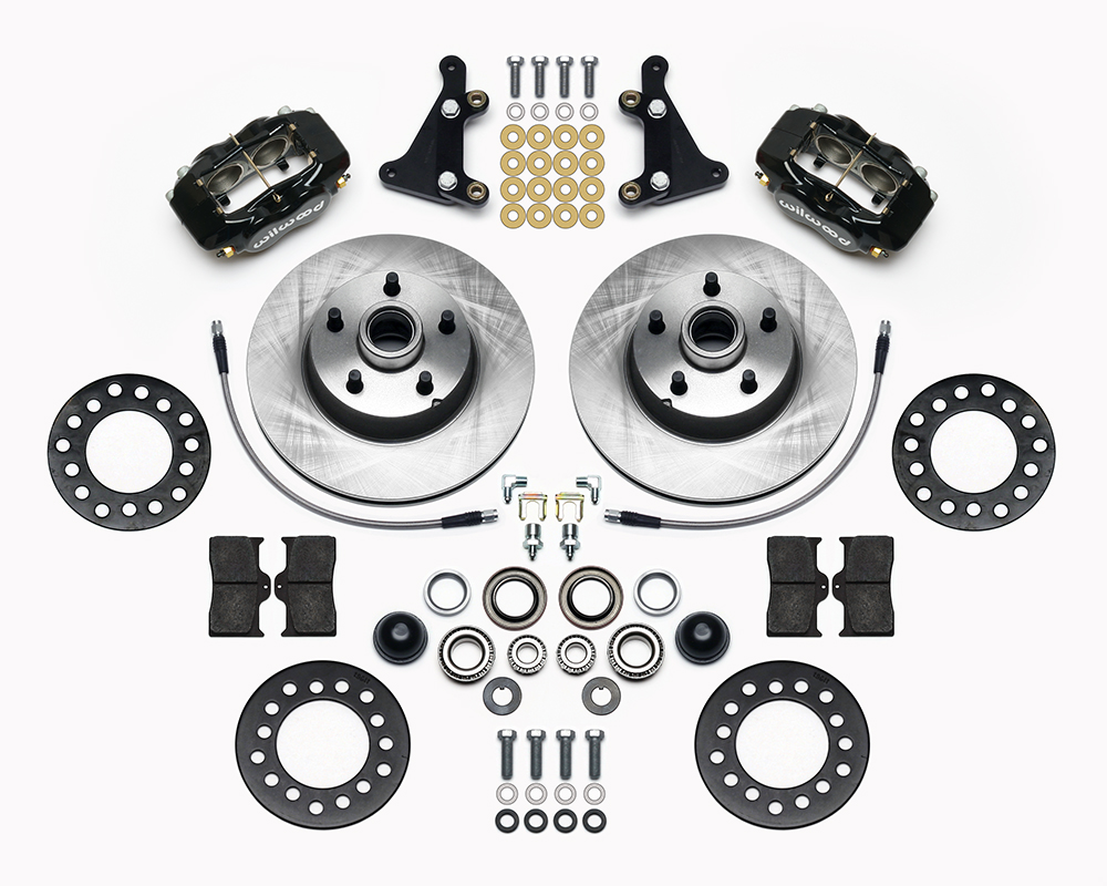 Wilwood Classic Series Dynalite Front Brake Kit Parts Laid Out - Black Powder Coat Caliper - Plain Face Rotor