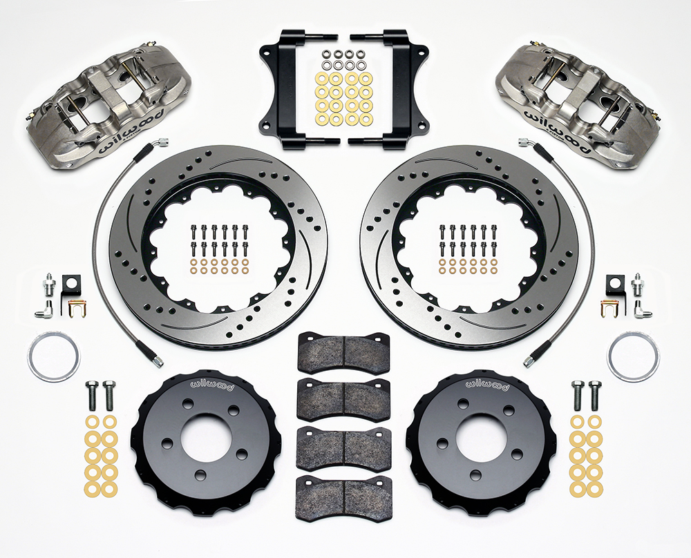 Wilwood AERO6 Big Brake Front Brake Kit Parts Laid Out - Nickel Plate Caliper - SRP Drilled & Slotted Rotor