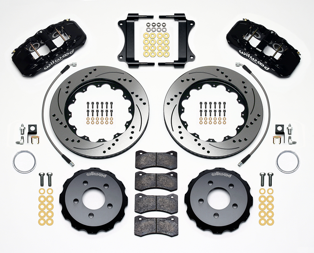 Wilwood AERO6 Big Brake Front Brake Kit Parts Laid Out - Black Powder Coat Caliper - SRP Drilled & Slotted Rotor