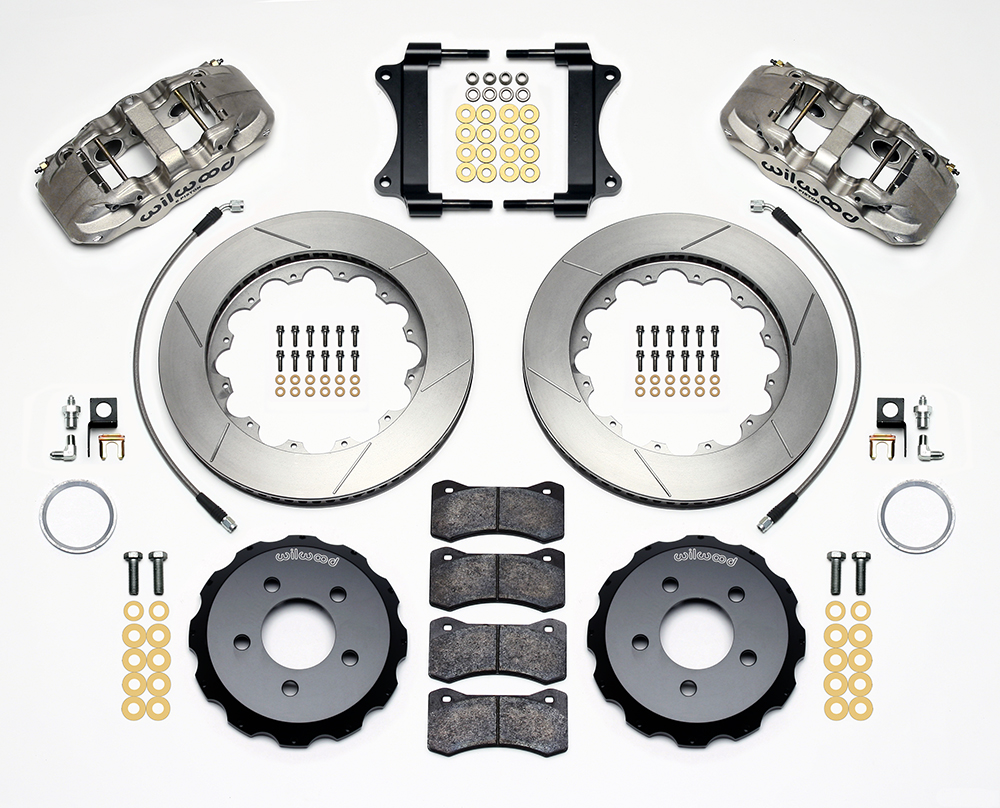 Wilwood AERO6 Big Brake Front Brake Kit Parts Laid Out - Nickel Plate Caliper - GT Slotted Rotor