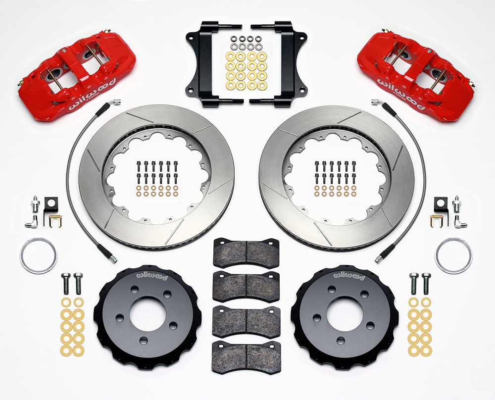 Wilwood AERO6 Big Brake Front Brake Kit Parts Laid Out - Red Powder Coat Caliper - GT Slotted Rotor