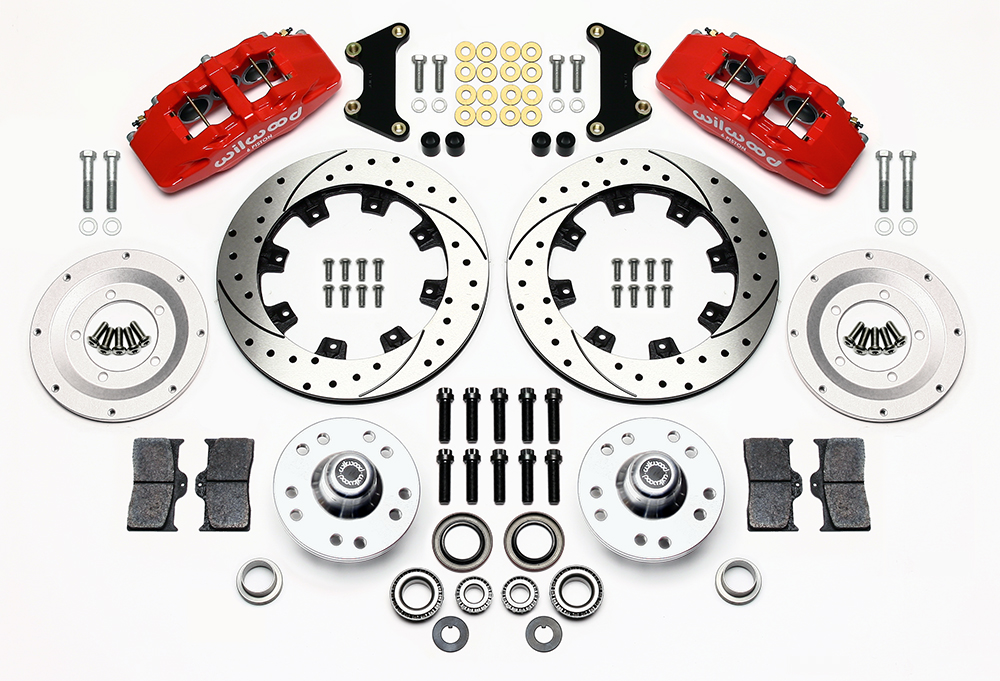 Wilwood Forged Dynapro 6 Big Brake Front Brake Kit (Hub) Parts Laid Out - Red Powder Coat Caliper - SRP Drilled & Slotted Rotor