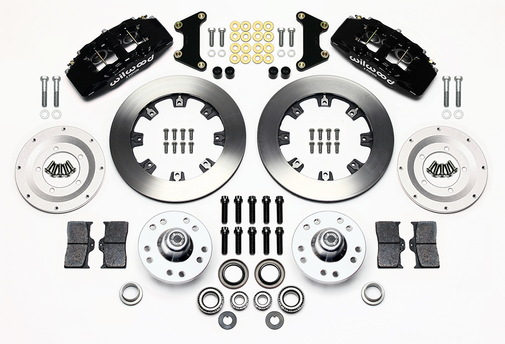 Wilwood Forged Dynapro 6 Big Brake Front Brake Kit (Hub) Parts Laid Out - Black Powder Coat Caliper - Plain Face Rotor