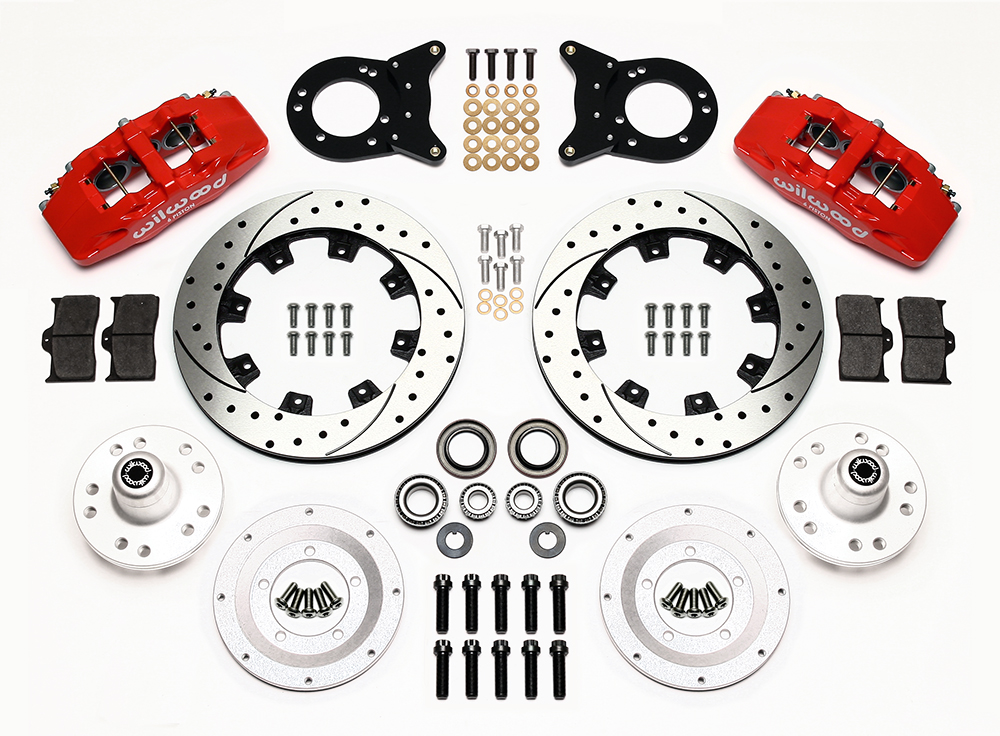 Wilwood Forged Dynapro 6 Big Brake Front Brake Kit (Hub) Parts Laid Out - Red Powder Coat Caliper - SRP Drilled & Slotted Rotor