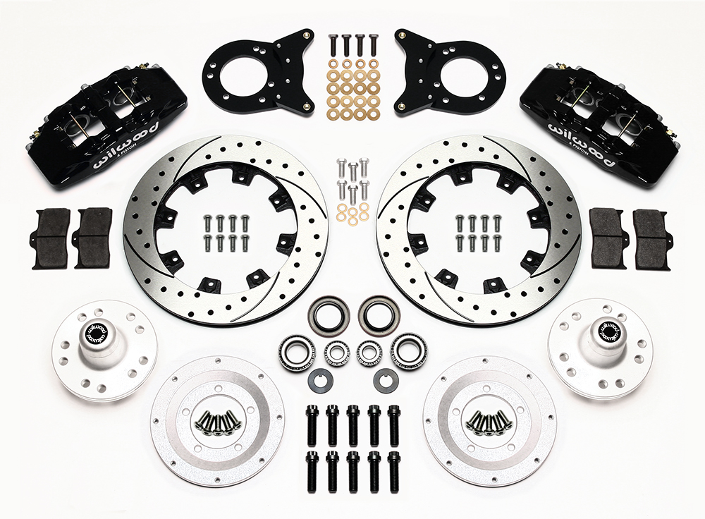 Wilwood Forged Dynapro 6 Big Brake Front Brake Kit (Hub) Parts Laid Out - Black Powder Coat Caliper - SRP Drilled & Slotted Rotor