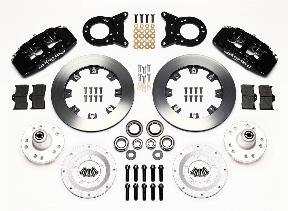 Wilwood Forged Dynapro 6 Big Brake Front Brake Kit (Hub) Parts Laid Out - Black Powder Coat Caliper - Plain Face Rotor