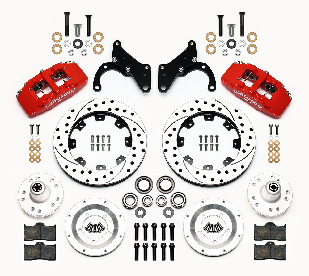 Wilwood Forged Dynapro 6 Big Brake Front Brake Kit (Hub) Parts Laid Out - Red Powder Coat Caliper - SRP Drilled & Slotted Rotor