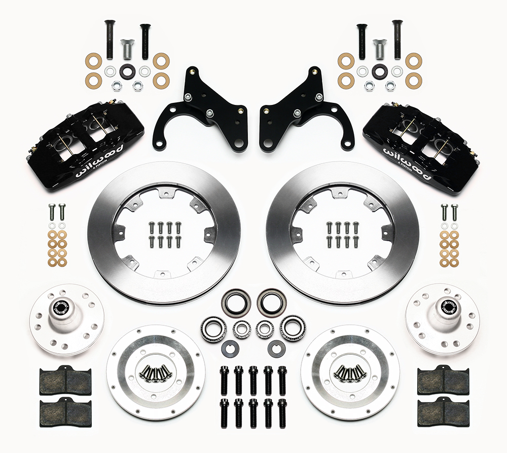 Wilwood Forged Dynapro 6 Big Brake Front Brake Kit (Hub) Parts Laid Out - Black Powder Coat Caliper - Plain Face Rotor