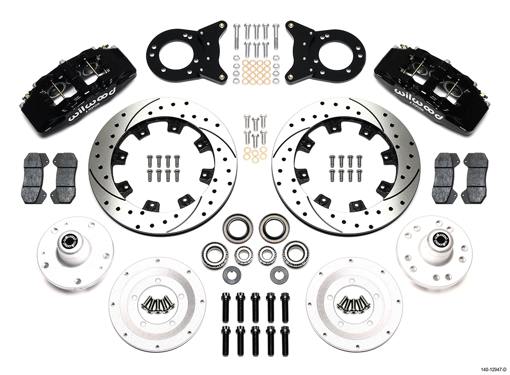 Wilwood Forged Dynapro 6 Big Brake Front Brake Kit (Hub) Parts Laid Out - Black Powder Coat Caliper - SRP Drilled & Slotted Rotor