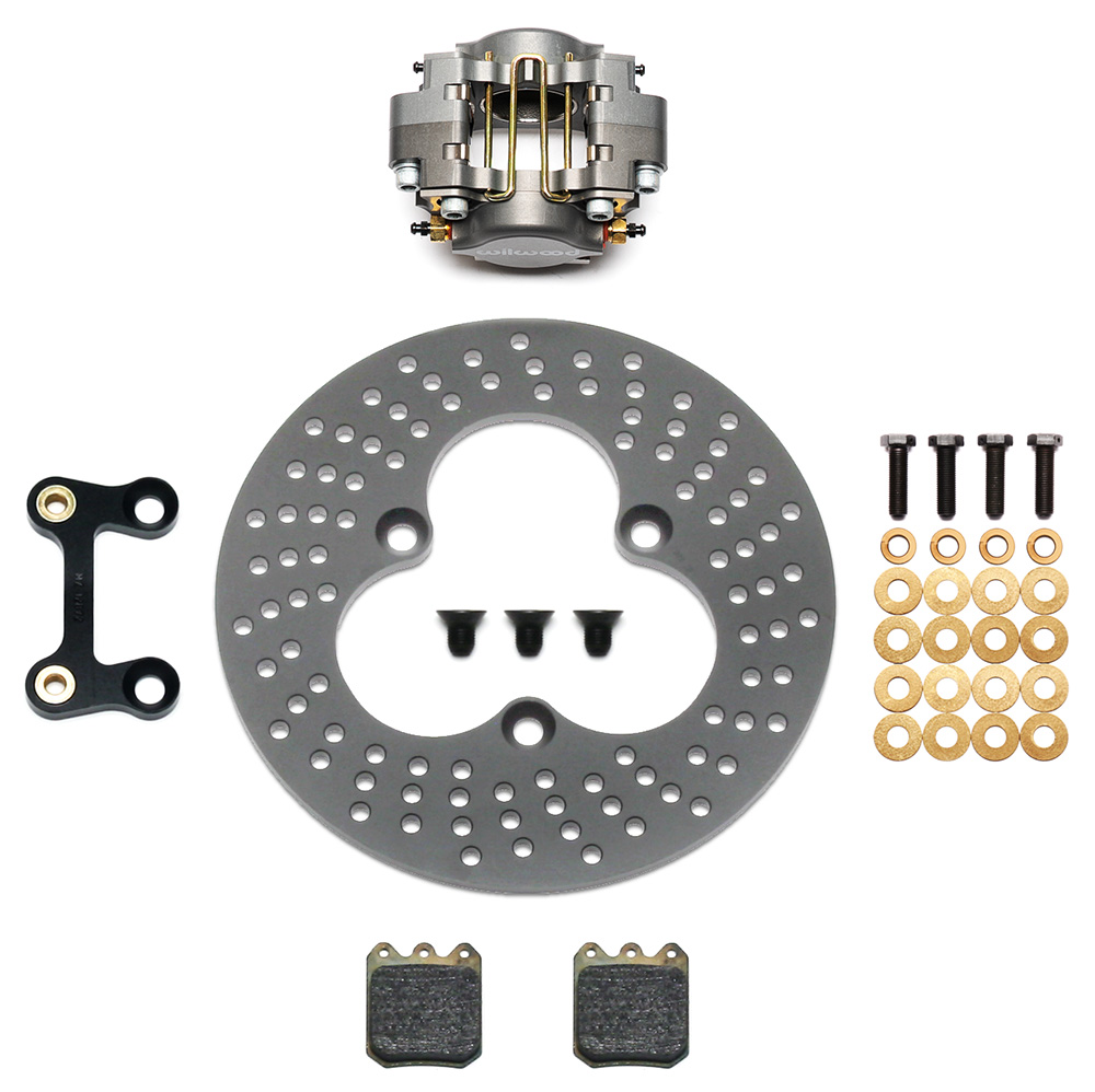 Wilwood Dynapro Single Left Front Sprint Brake Kit Parts Laid Out - Type III Anodize Caliper - Drilled Rotor