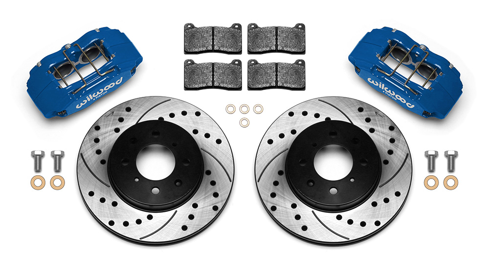 Wilwood Forged DPHA  Front Caliper and Rotor Kit Parts Laid Out - Competition Blue Powder Coat Caliper - SRP Drilled & Slotted Rotor