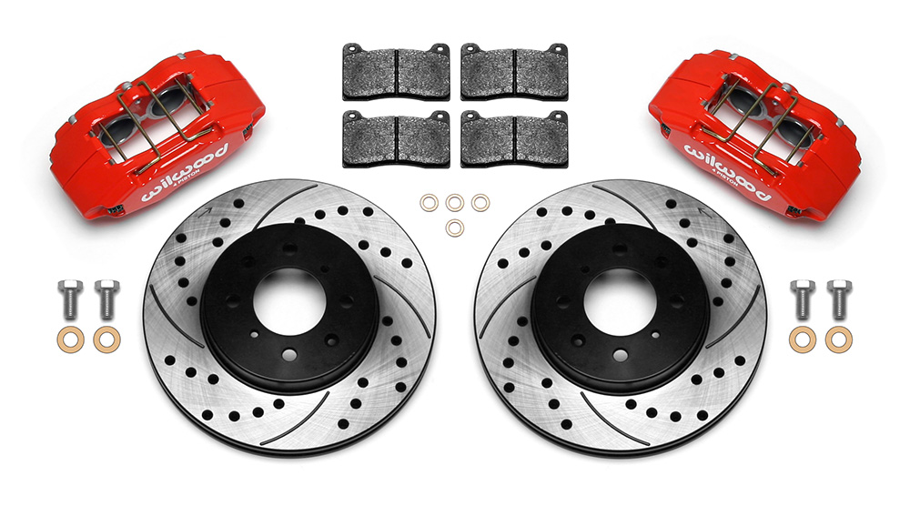 Wilwood Forged DPHA  Front Caliper and Rotor Kit Parts Laid Out - Red Powder Coat Caliper - SRP Drilled & Slotted Rotor