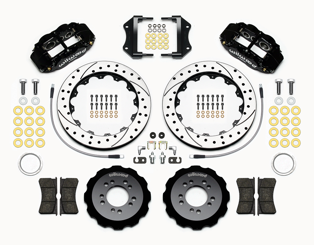 Wilwood Forged Narrow Superlite 6R Big Brake Front Brake Kit (Hat) Parts Laid Out - Black Powder Coat Caliper - SRP Drilled & Slotted Rotor