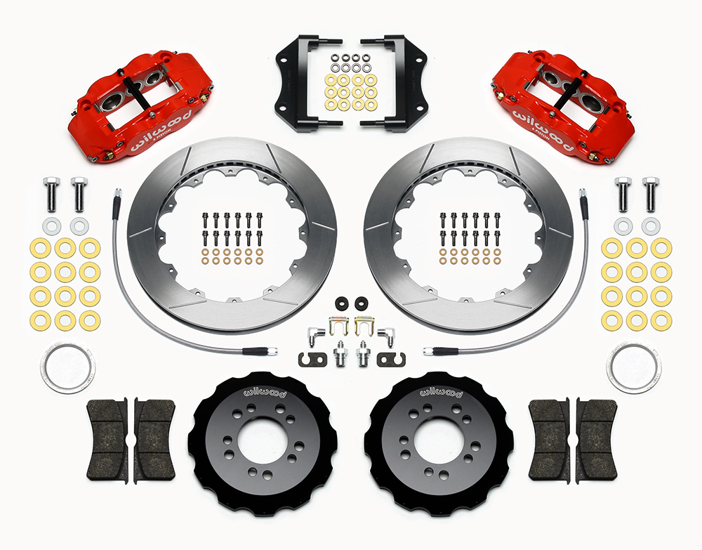 Wilwood Forged Narrow Superlite 6R Big Brake Front Brake Kit (Hat) Parts Laid Out - Red Powder Coat Caliper - GT Slotted Rotor