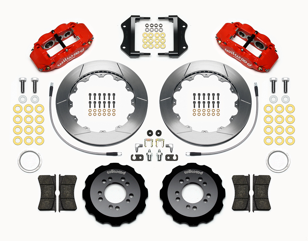 Wilwood Forged Narrow Superlite 6R Big Brake Front Brake Kit (Hat) Parts Laid Out - Red Powder Coat Caliper - GT Slotted Rotor