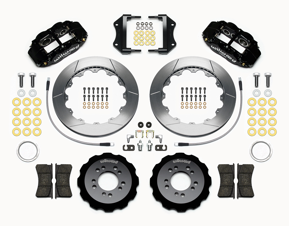 Wilwood Forged Narrow Superlite 6R Big Brake Front Brake Kit (Hat) Parts Laid Out - Black Powder Coat Caliper - GT Slotted Rotor