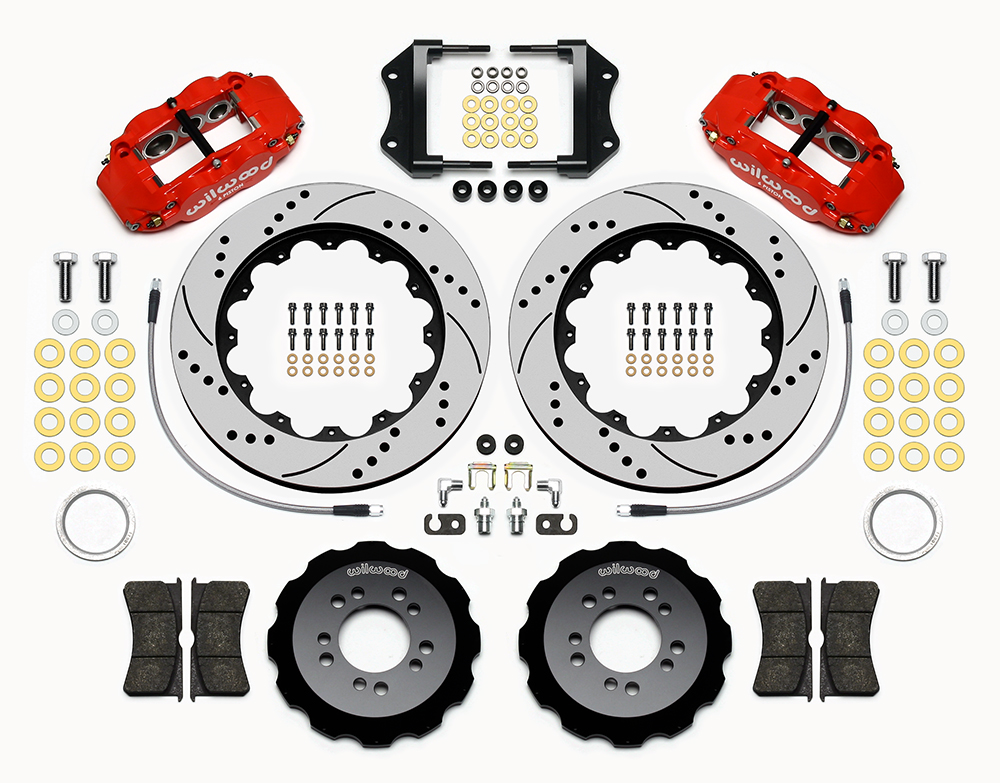 Wilwood Forged Narrow Superlite 6R Big Brake Front Brake Kit (Hat) Parts Laid Out - Red Powder Coat Caliper - SRP Drilled & Slotted Rotor