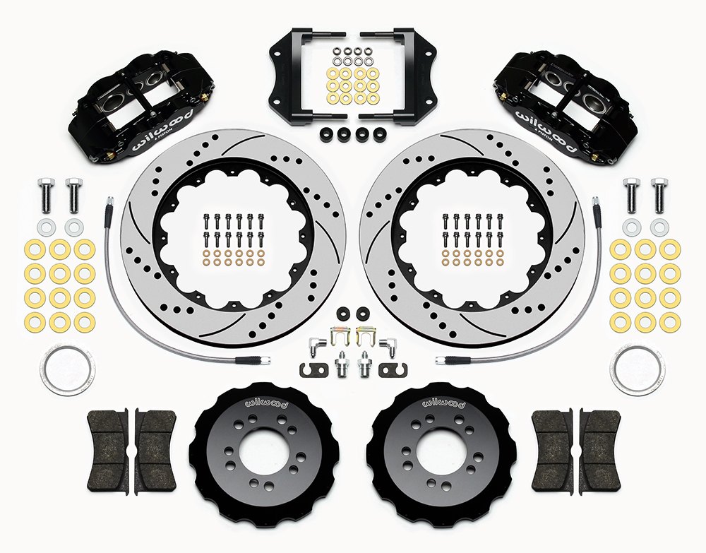 Wilwood Forged Narrow Superlite 6R Big Brake Front Brake Kit (Hat) Parts Laid Out - Black Powder Coat Caliper - SRP Drilled & Slotted Rotor