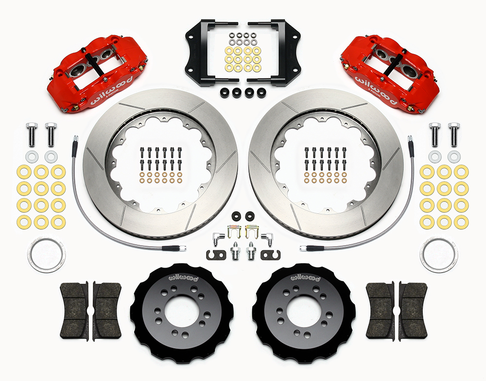 Wilwood Forged Narrow Superlite 6R Big Brake Front Brake Kit (Hat) Parts Laid Out - Red Powder Coat Caliper - GT Slotted Rotor