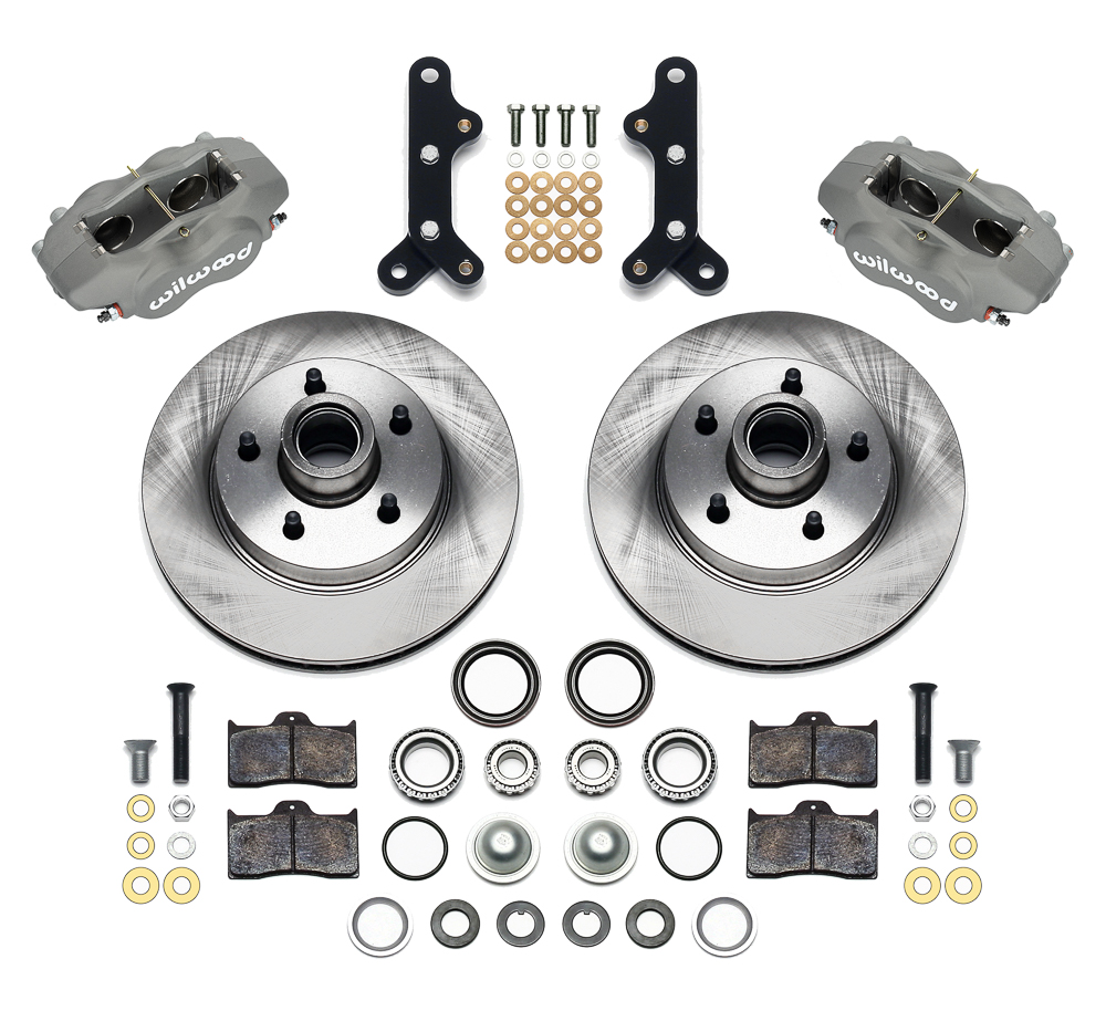 Wilwood Classic Series Dynalite Front Brake Kit Parts Laid Out - Type III Anodize Caliper - Plain Face Rotor