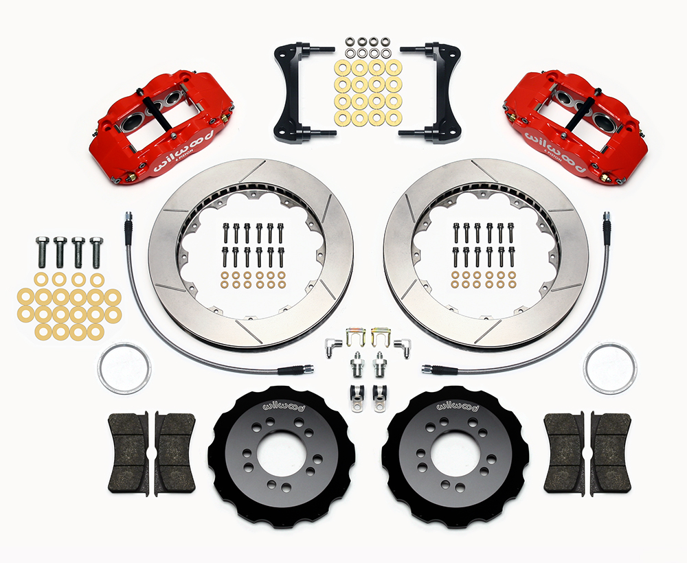 Wilwood Forged Narrow Superlite 6R Big Brake Front Brake Kit (Hat) Parts Laid Out - Red Powder Coat Caliper - GT Slotted Rotor