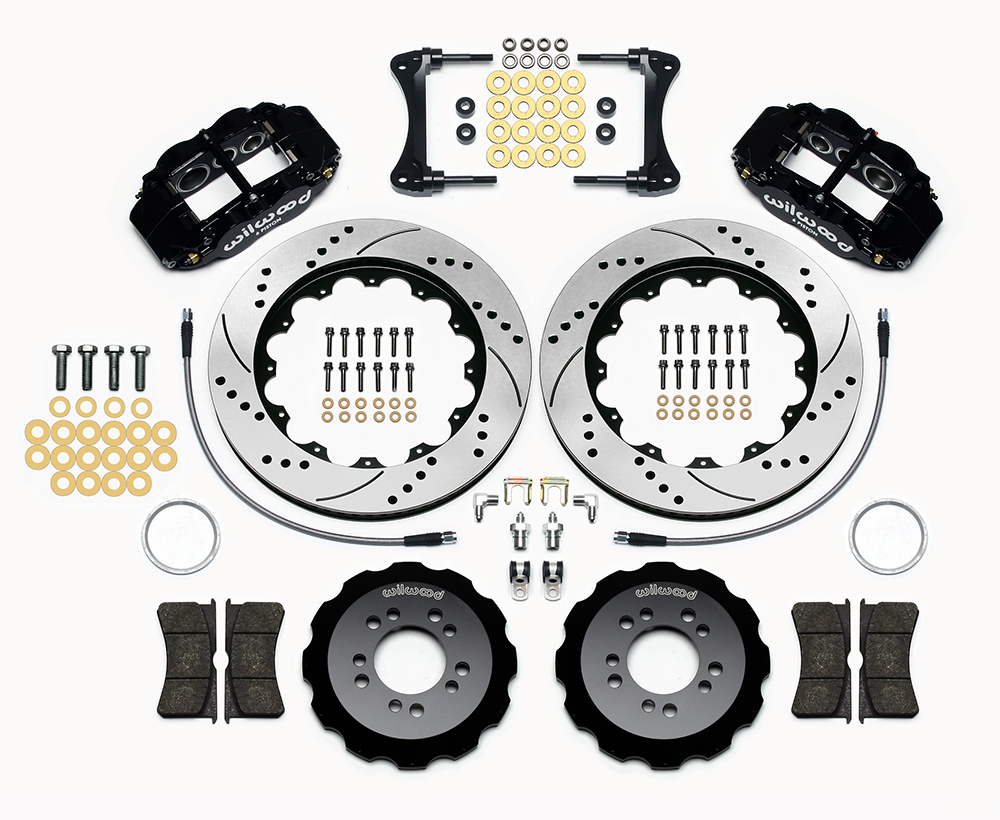 Wilwood Forged Narrow Superlite 6R Big Brake Front Brake Kit (Hat) Parts Laid Out - Black Powder Coat Caliper - SRP Drilled & Slotted Rotor