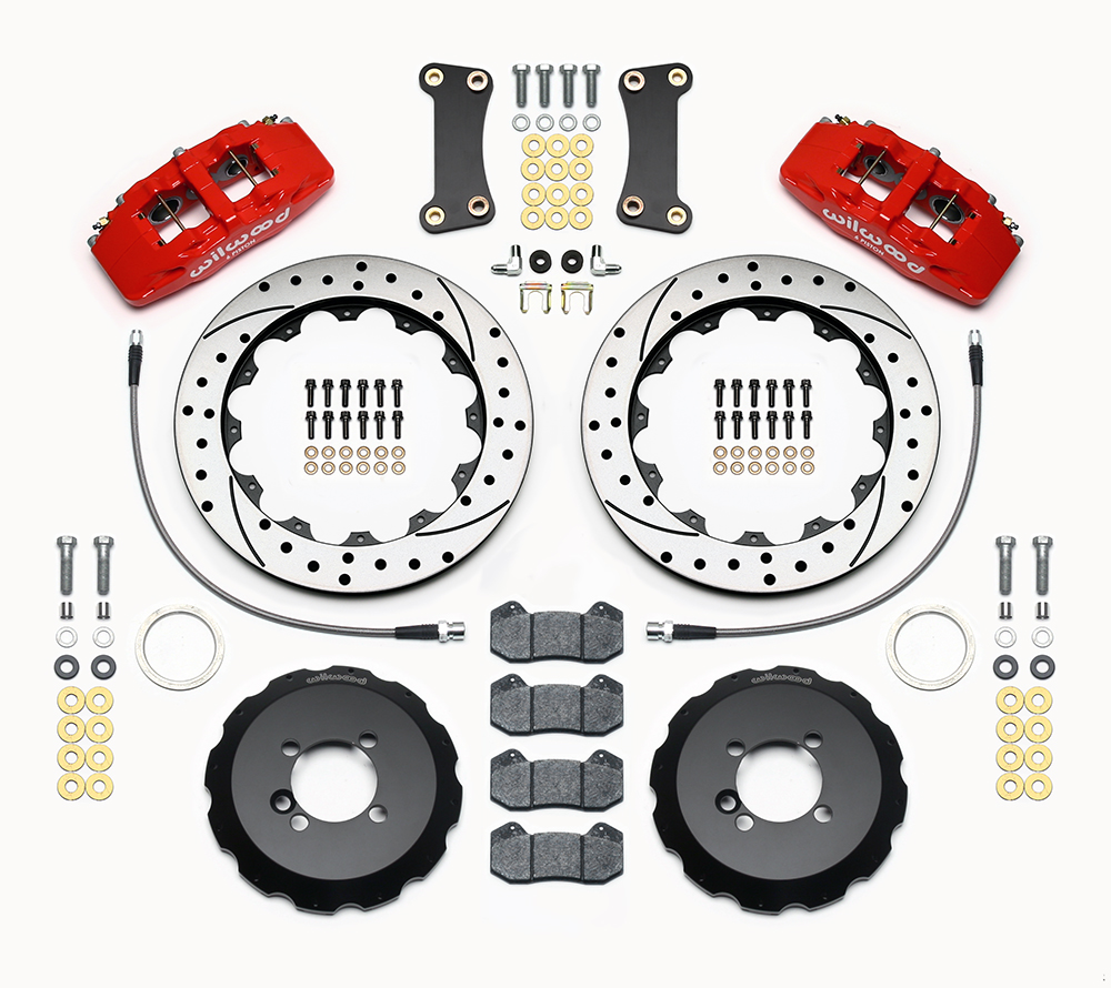 Wilwood Forged Dynapro 6 Big Brake Front Brake Kit (Hat) Parts Laid Out - Red Powder Coat Caliper - SRP Drilled & Slotted Rotor