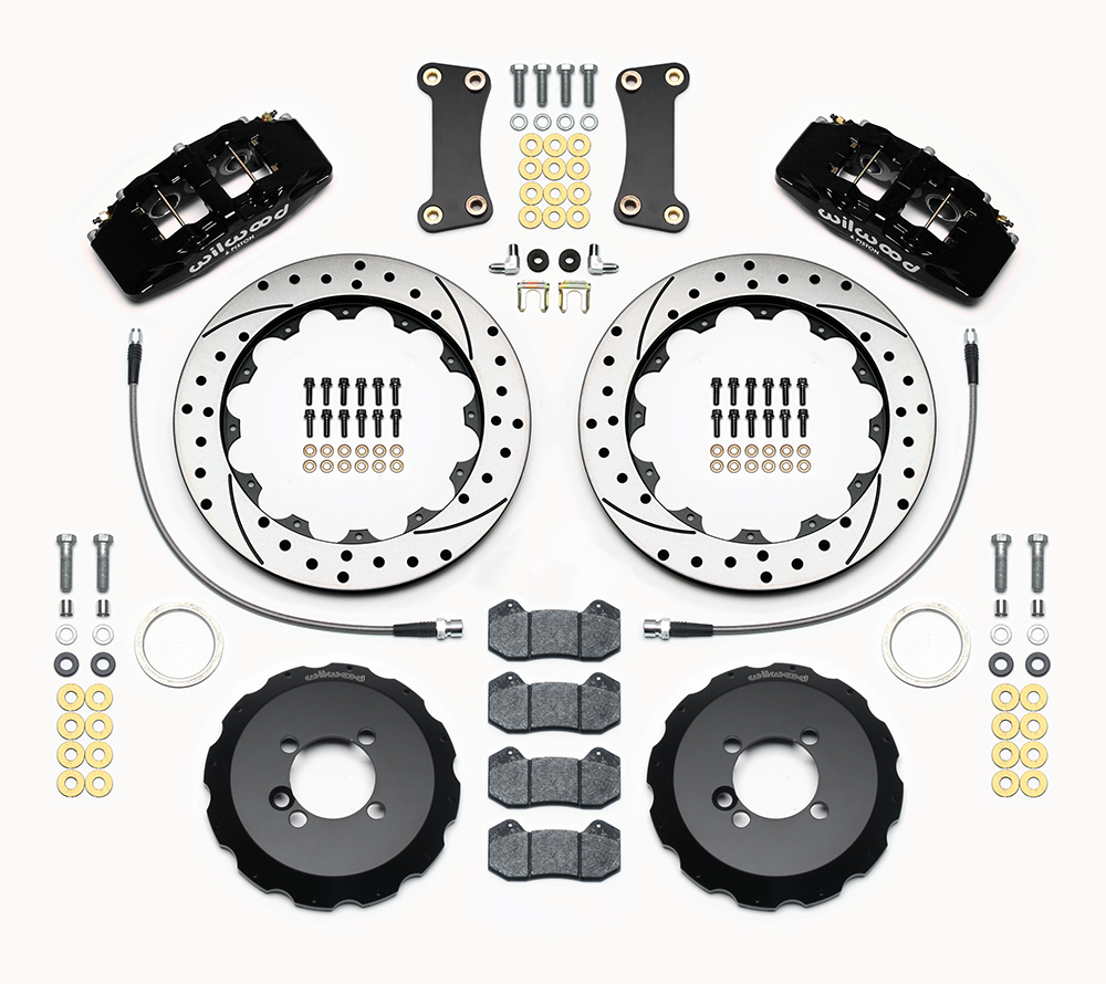 Wilwood Forged Dynapro 6 Big Brake Front Brake Kit (Hat) Parts Laid Out - Black Powder Coat Caliper - SRP Drilled & Slotted Rotor