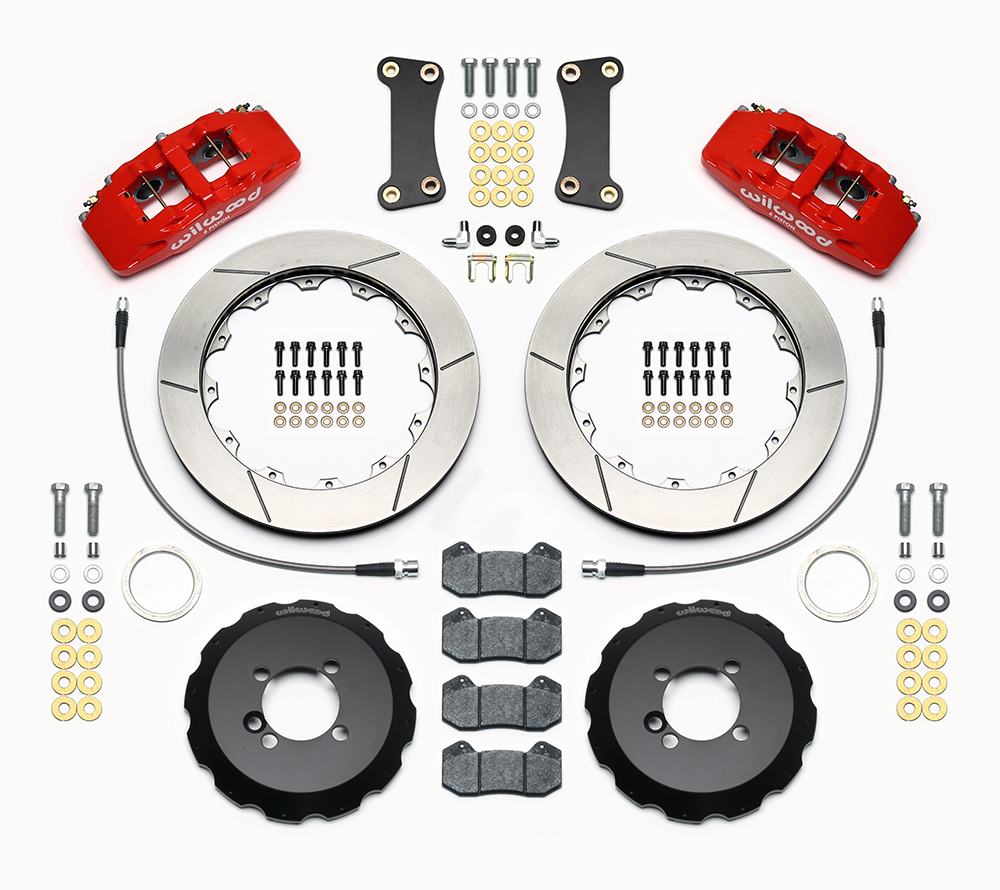 Wilwood Forged Dynapro 6 Big Brake Front Brake Kit (Hat) Parts Laid Out - Red Powder Coat Caliper - GT Slotted Rotor