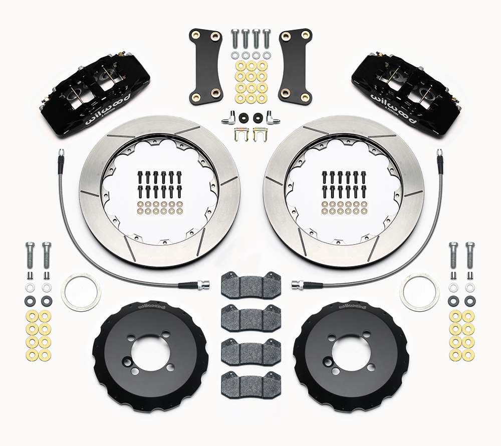 Wilwood Forged Dynapro 6 Big Brake Front Brake Kit (Hat) Parts Laid Out - Black Powder Coat Caliper - GT Slotted Rotor